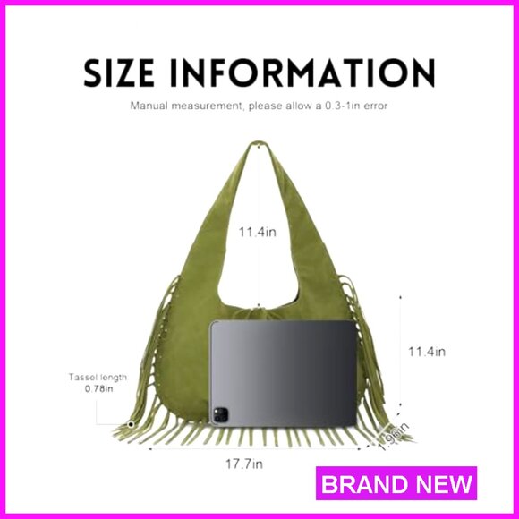 Vegan Faux Suede Hobo Bag with Fringe Tassel Shoulder Purse - Picture 4 of 7
